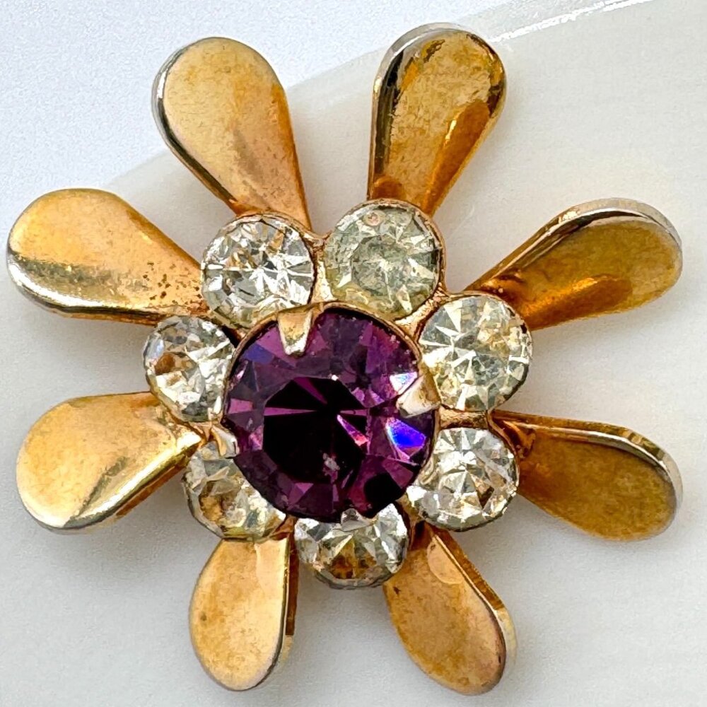 Vintage Gold Tone Flower Screw Back Earrings W/ Purple & Clear Austrian Crystal